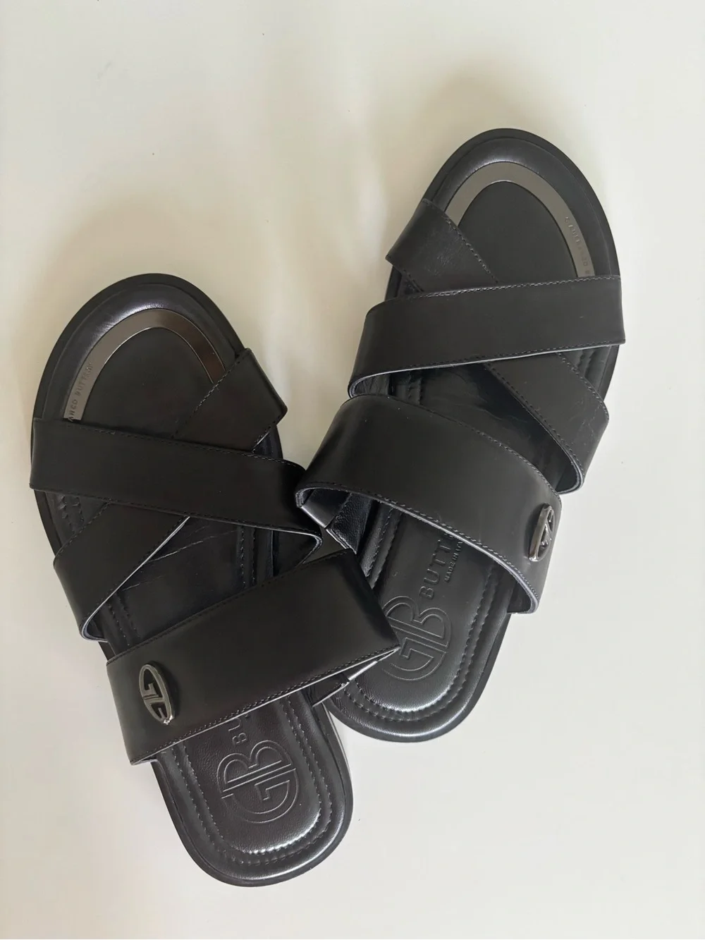 Men's Black Leather Cross-Strap Slide Sandals Gianfranco Butteri